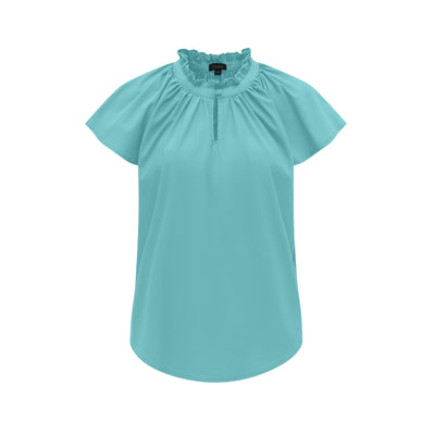 Light blue blouse with ruffled neckline on a white background
