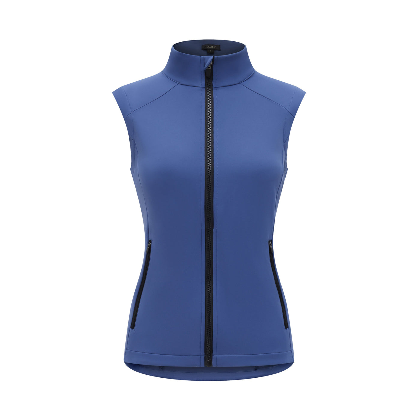 Blue sleeveless jacket with a black zipper on a white background