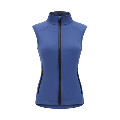 Blue sleeveless jacket with a black zipper on a white background