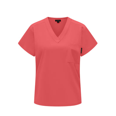 Coral-colored scrub top with a V-neck and short sleeves on a white background