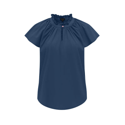 Blue blouse with ruffled neckline on a white background