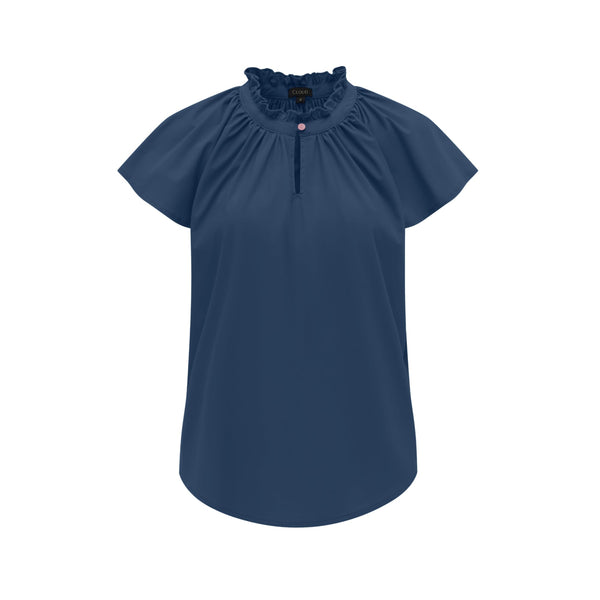 Blue blouse with ruffled neckline on a white background