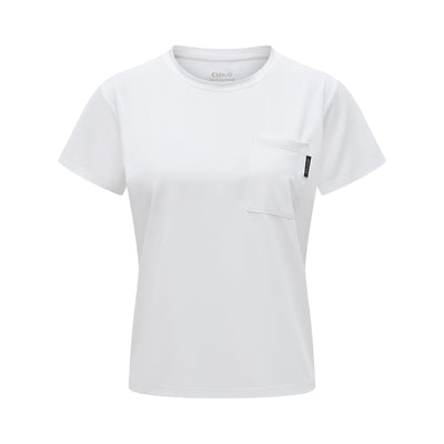 White t-shirt with a small logo on a white background