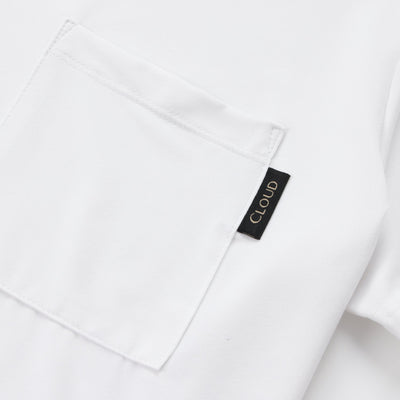 White shirt with a brand label on a light gray background